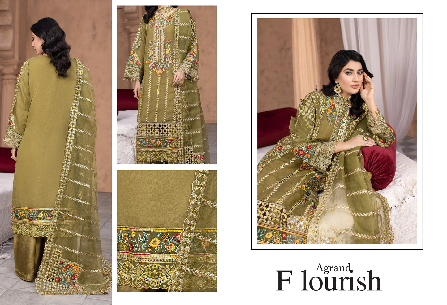 Olive Green Luxury Embroidered 3-Piece Women’s Suit – Premium Festive & Formal Wear | Yahya’s