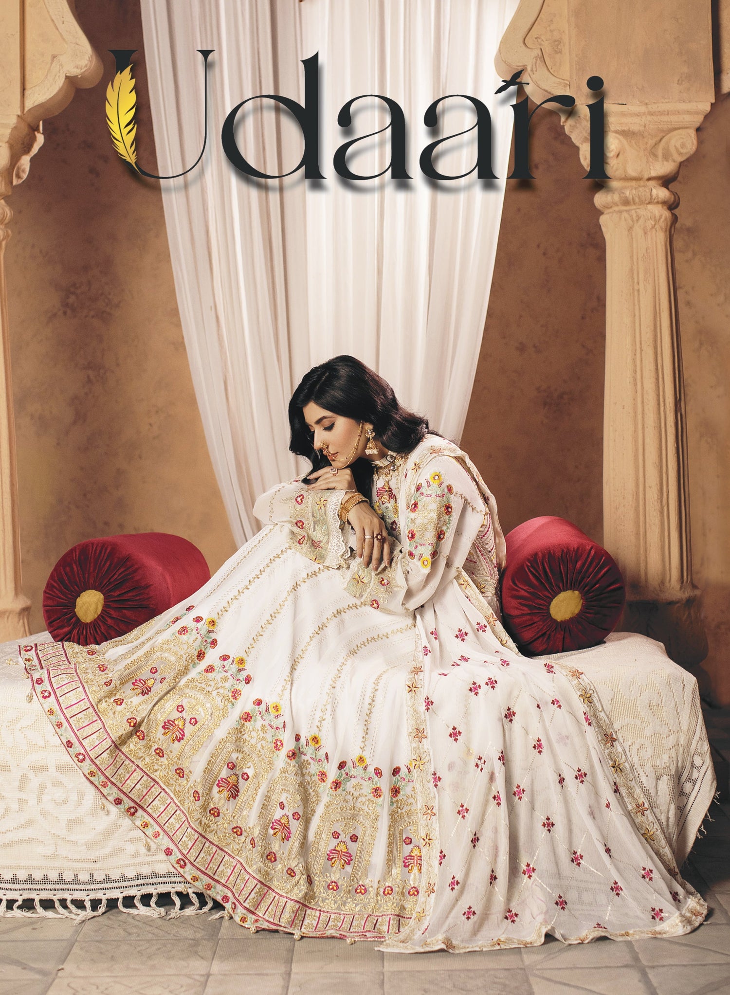 "Luxury 3-piece embroidered suit by Yahyas — available in white and black colors, featuring intricate hand embroidery, chiffon dupatta, and premium fabric. Perfect Pakistani festive and wedding wear dress for women 2025."