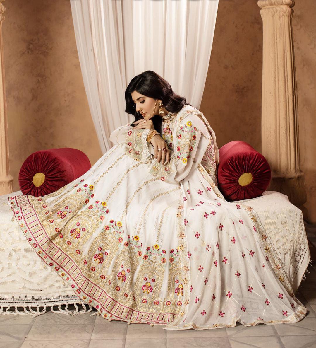 "Luxury 3-piece embroidered suit by Yahyas — available in white and black colors, featuring intricate hand embroidery, chiffon dupatta, and premium fabric. Perfect Pakistani festive and wedding wear dress for women 2025."