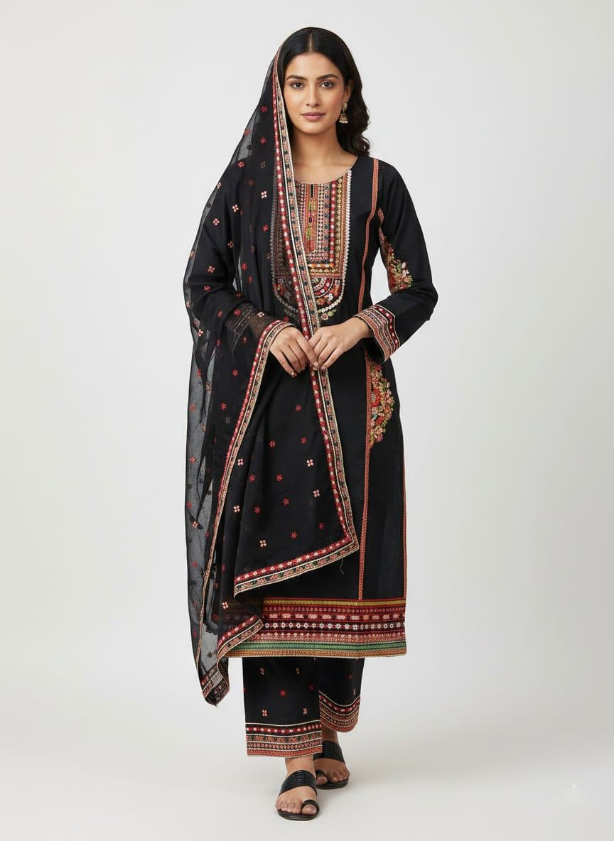 Black Embroidered Cotton Ensemble