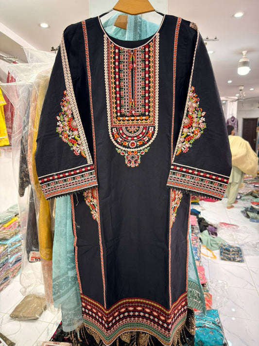 Black Embroidered Cotton Ensemble
