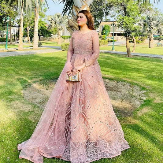 “Pink embroidered formal maxi dress for women – Pakistani luxury party wear outfit”