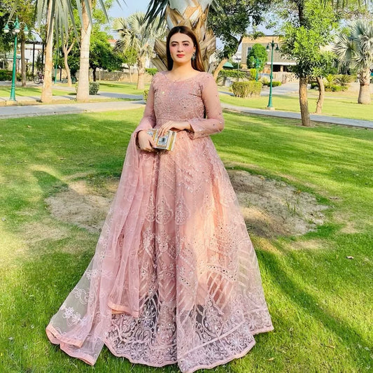 Pink embroidered formal maxi dress for women – full-length Pakistani party wear gown