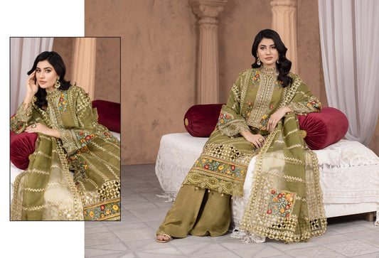 Olive Green Luxury Embroidered 3-Piece Women’s Suit – Premium Festive & Formal Wear | Yahya’s