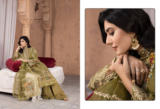 Olive Green Luxury Embroidered 3-Piece Women’s Suit – Premium Festive & Formal Wear | Yahya’s