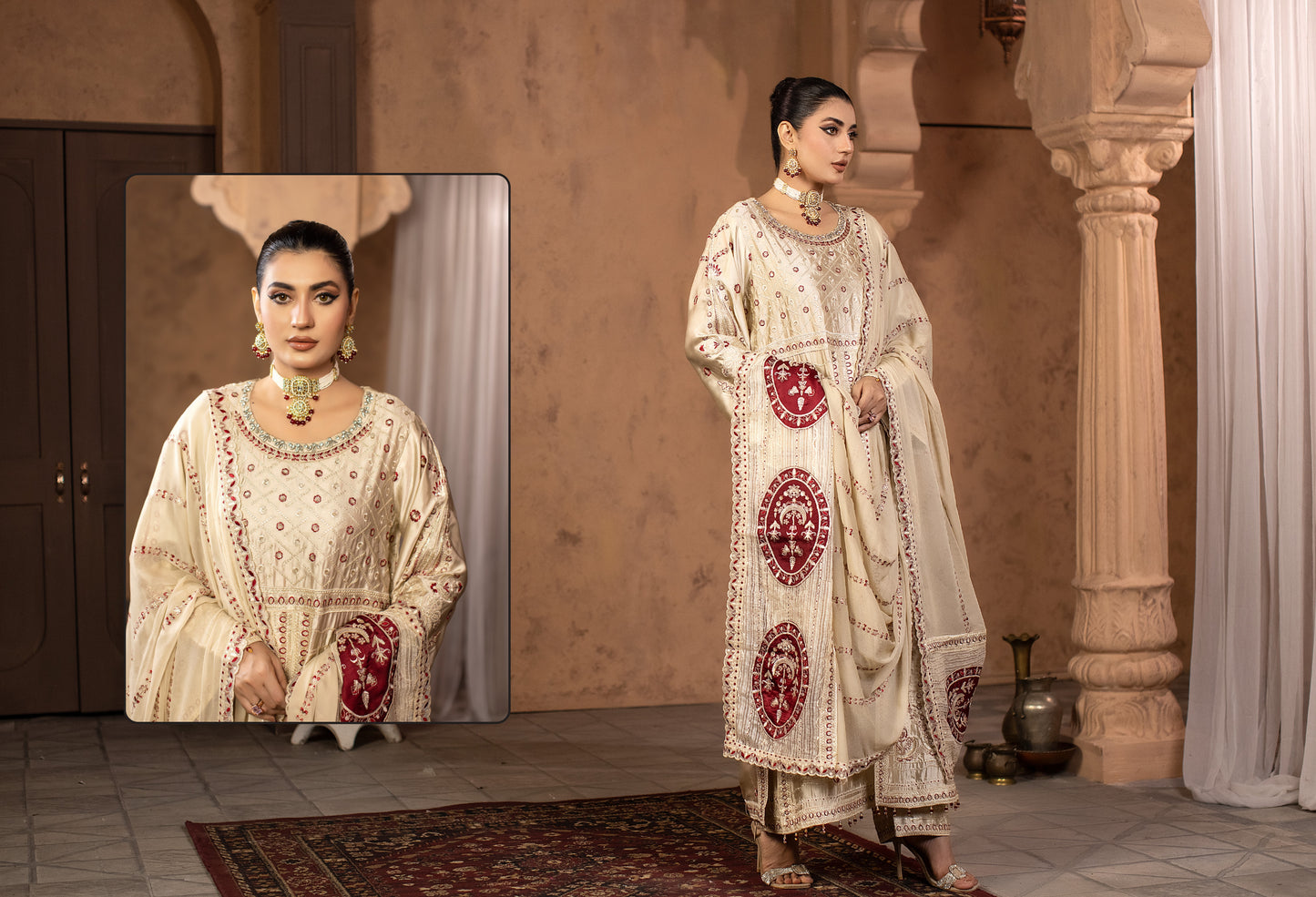Premium Cream Embroidered 3-Piece Suit for Women – Yahyas Design E1