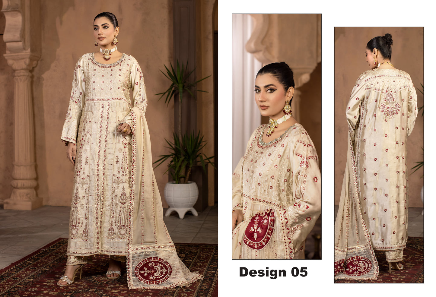 Premium Cream Embroidered 3-Piece Suit for Women – Yahyas Design E1