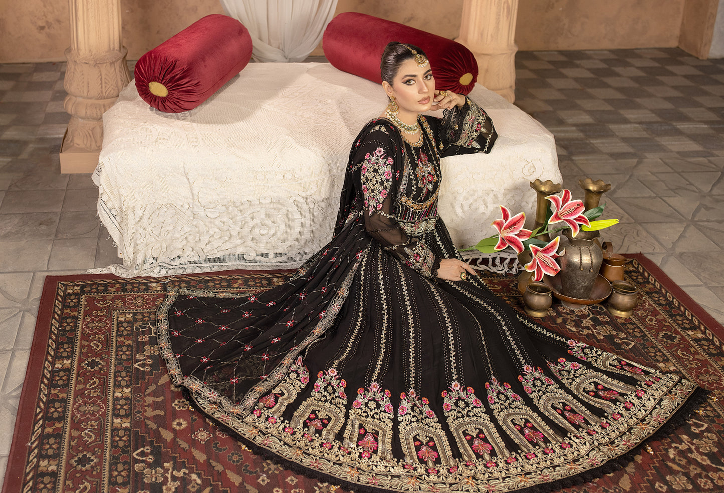 Luxury Black Embroidered Three Piece Suit for Women | Yahyas Premium Festive Collection 2025 | Designer Chiffon Dress with Handcrafted Details