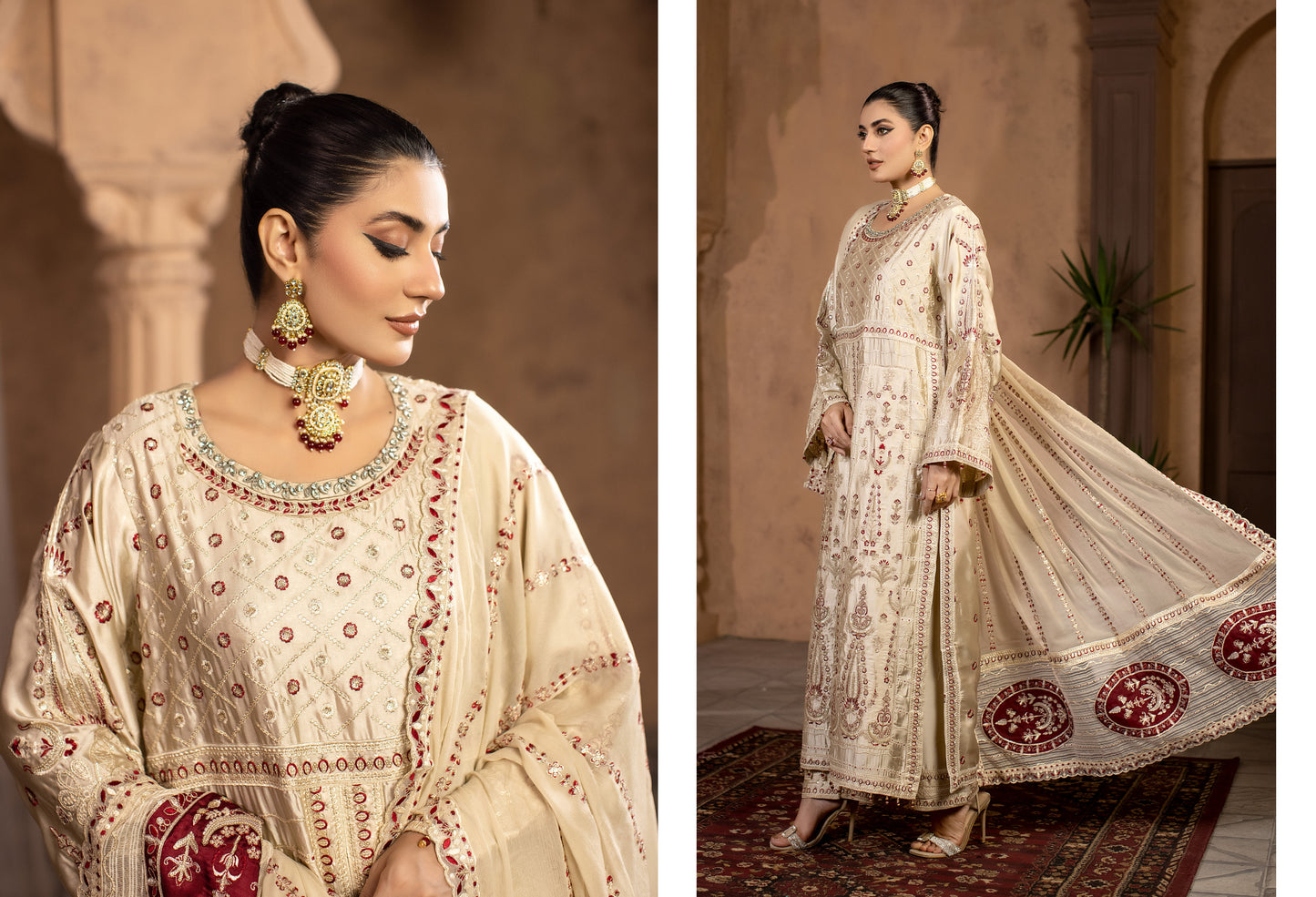 YAHYAS Premium Cream Embroidered 3-Piece Suit – Stitched Medium | Women’s Traditional Wear
